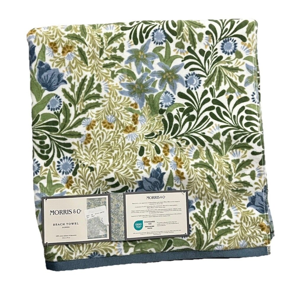 Morris & Co LUXURY BEACH POOL TOWEL OVERSIZED Botanical Green Blue Floral New